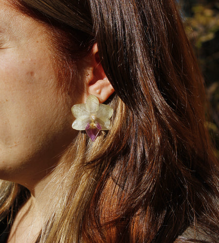 Pendientes orquídea blanca y morada pequeña
